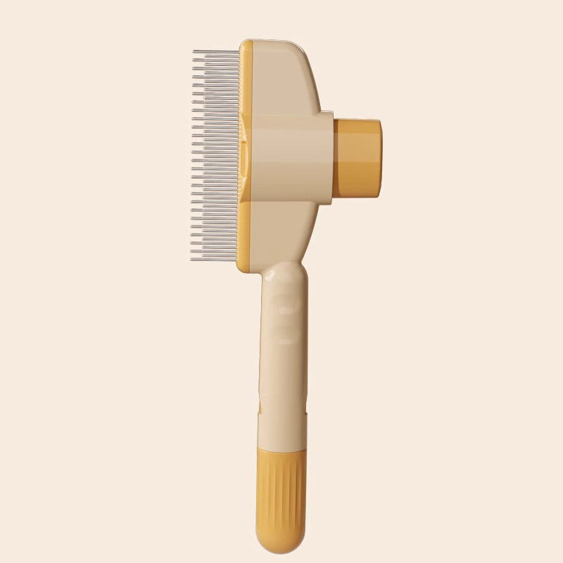 Self-cleaning pet grooming brush in use